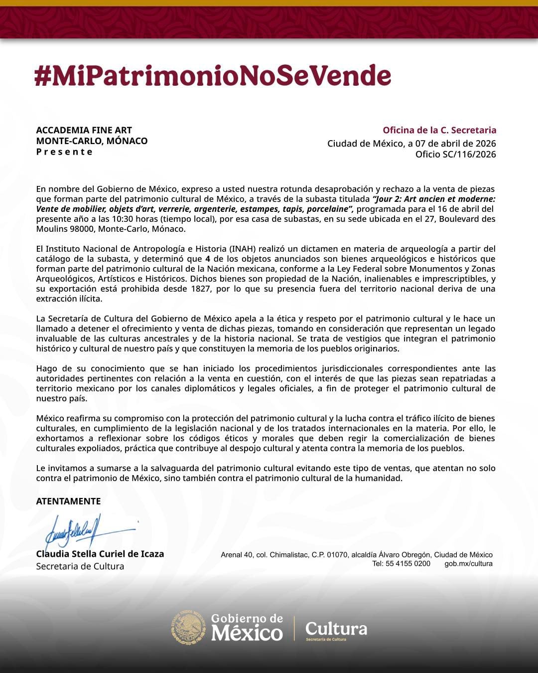 Secretaría de Cultura pide repatriar piezas mesoamericanas que serían subastadas en Mónaco