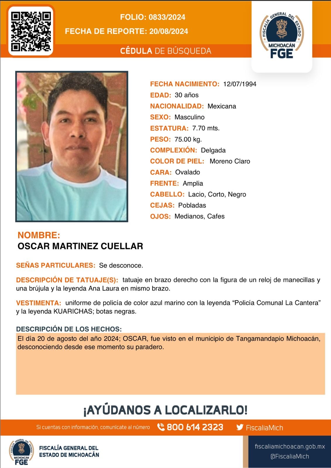 Ficha de búsqueda de policía comunal desaparecido en Tangamandapio, Michoacán