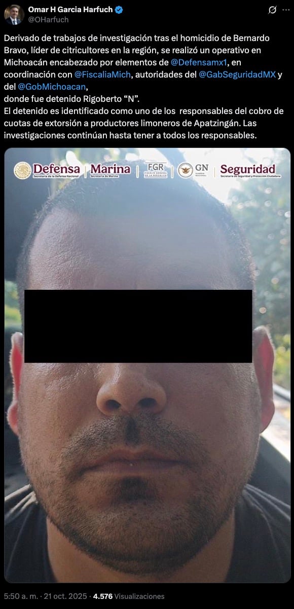 Omar García Harfuch confirma detención de Rigoberto López