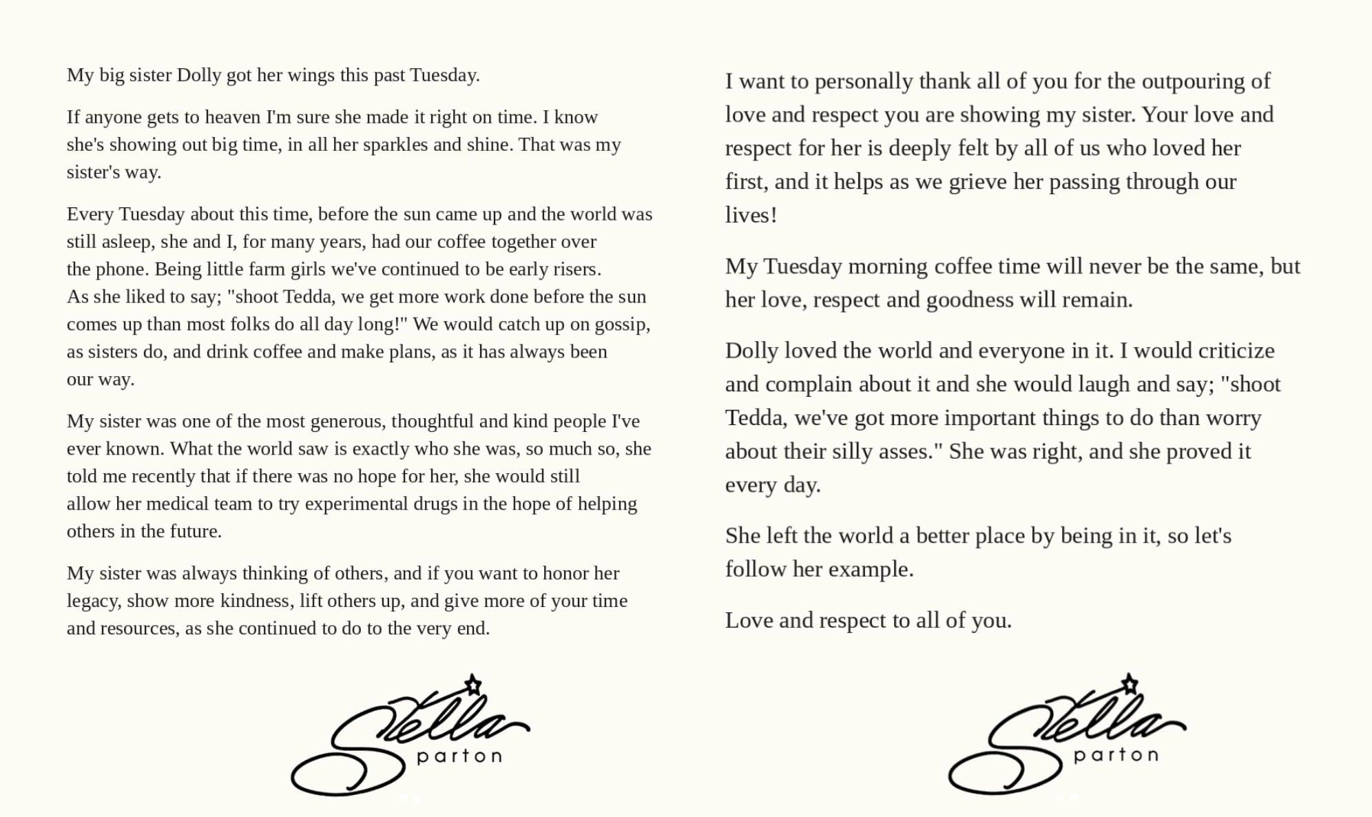 Mensaje de Stella Parton por la muerte de Dolly Parton
