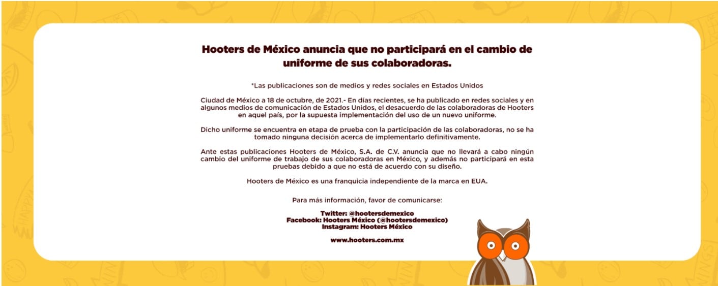 Hooters México, comunicado