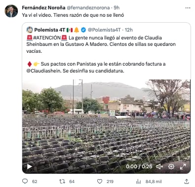 Gerardo Fernández Noroña expone evento vacio de Claudia Sheinbaum