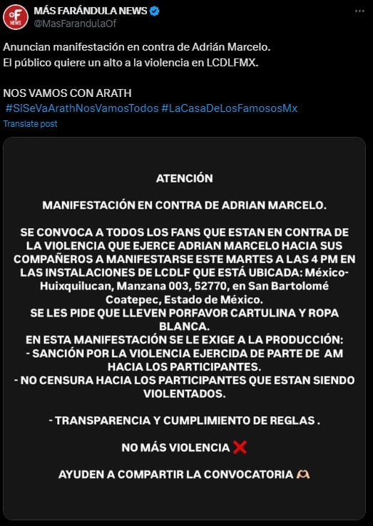 Convocan a marcha afuera de La Casa de los Famosos 2024