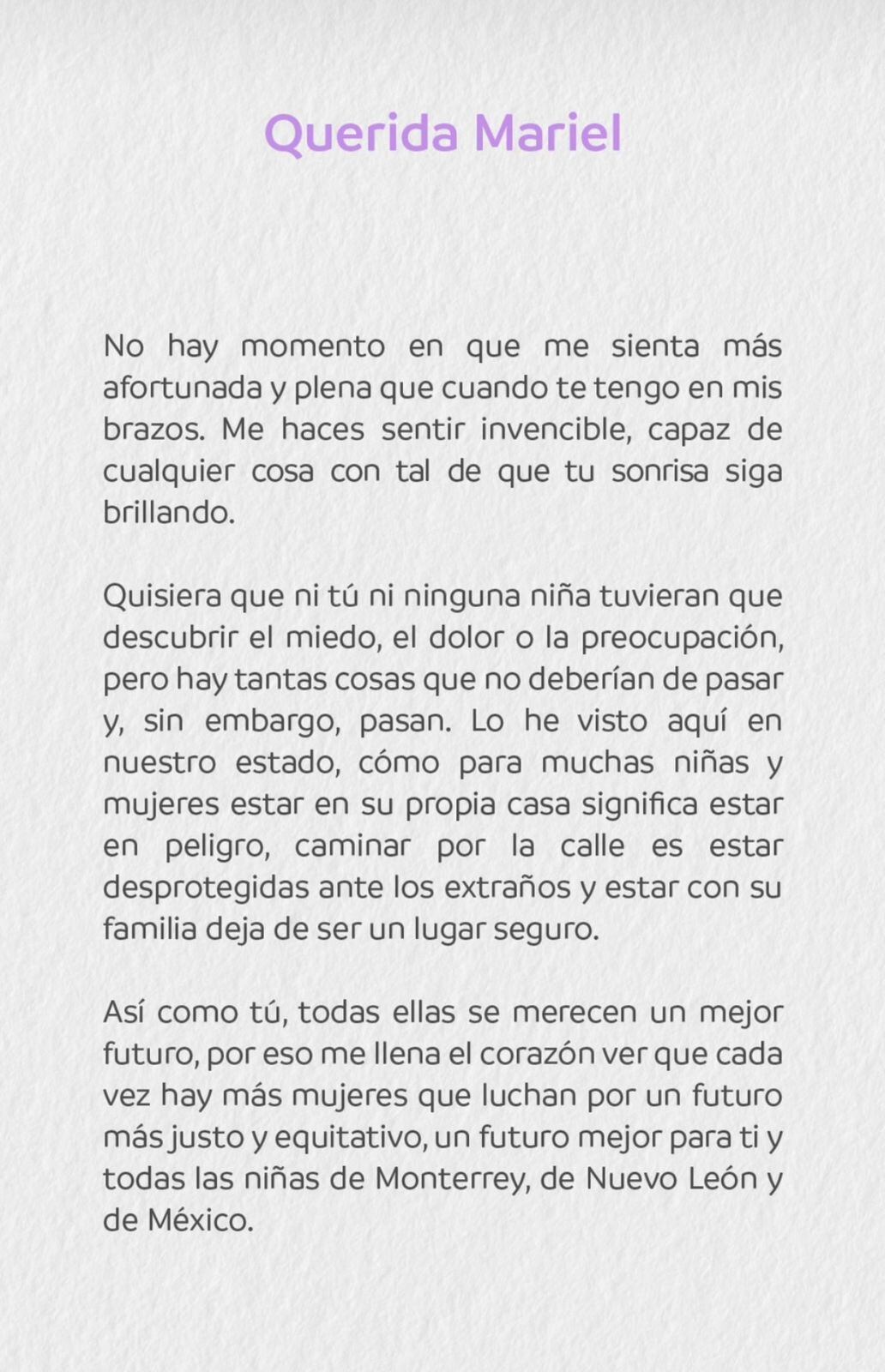 Mariana Rodríguez dedica carta a su hija Mariel por el 8M