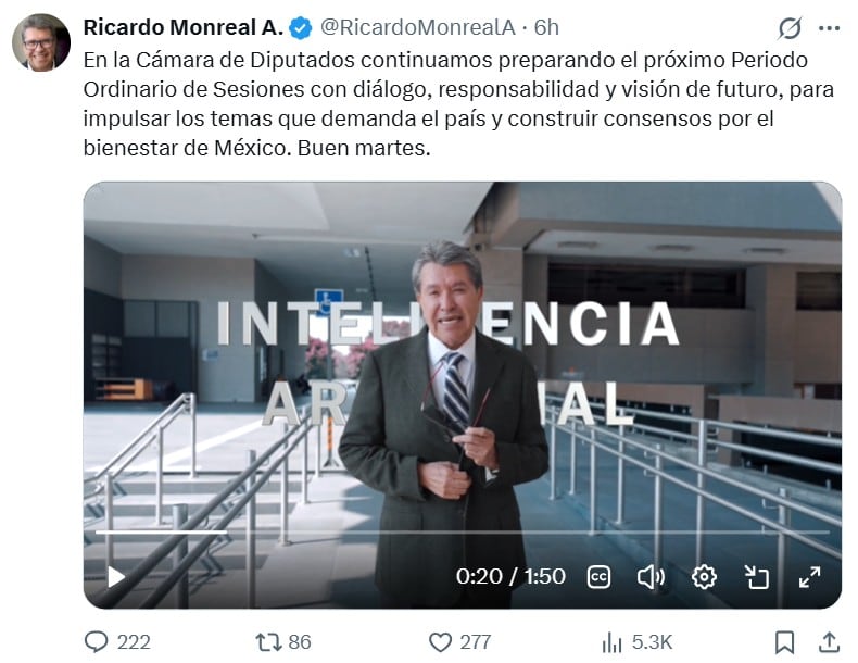 Ricardo Monreal anuncia regulación de inteligencia artificial como prioridad legislativa