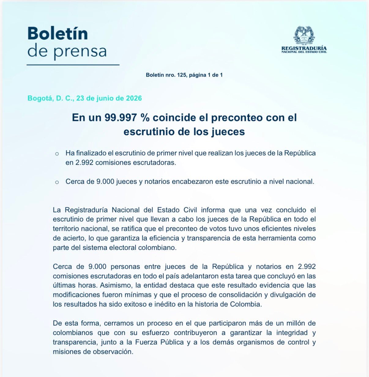 Comunicado de Registraduría de Colombia sobre segunda vuelta de las elecciones.