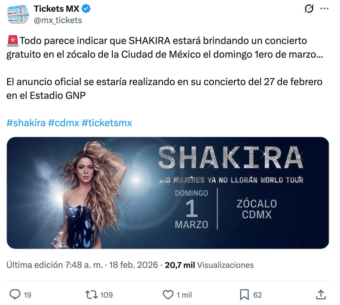 ¿Shakira dará concierto en el Zócalo de CDMX?