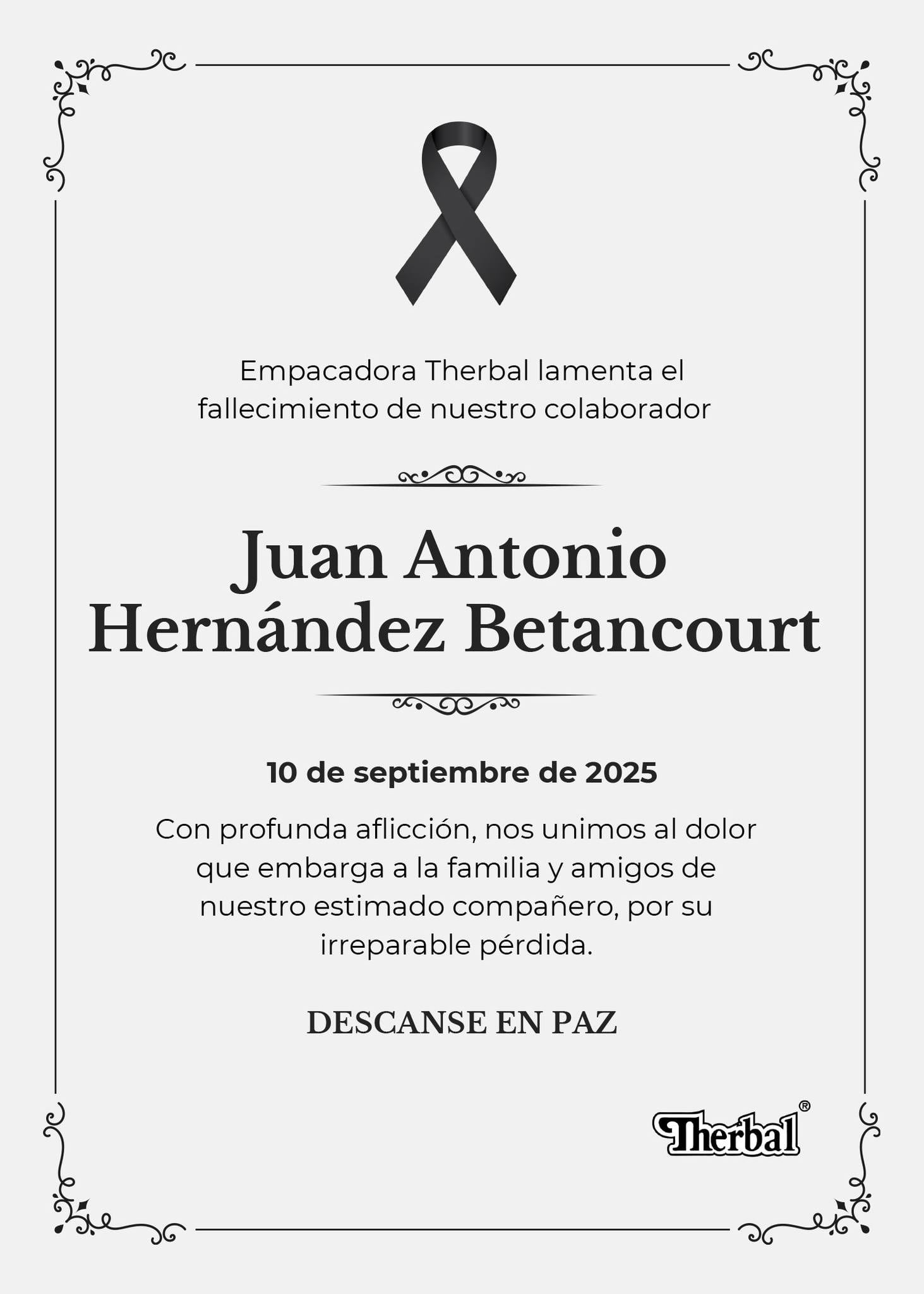Therbal expresa sus condolencias por la muerte de Juan Antonio Hernández Betancourt