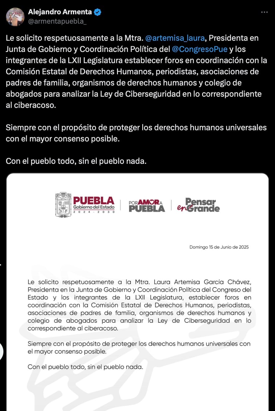 Alejandro Armenta solicita foros abiertos de discusión por Ley Censura en Puebla