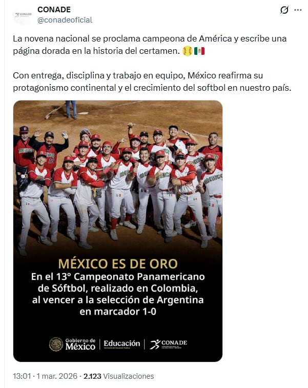Conade felicita a Selección Mexicana de Softbol