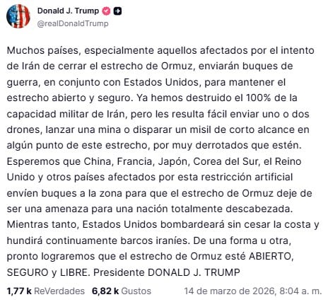 Trump advierte sobre presencia de buques de guerra en estrecho de Ormuz