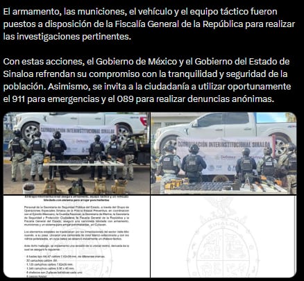 Sinaloa informa decomiso de armas y equipo de seguridad tras inspección de una camioneta blindada.