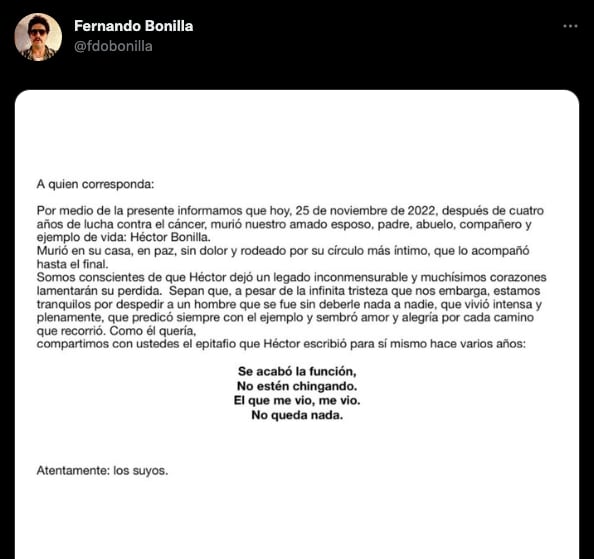 Fernando Bonilla, comparte comunicado por la muerte de Héctor Bonilla