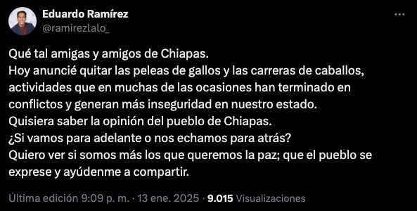Eduardo Ramírez Aguilar sobre peleas de gallos y carreras de caballos