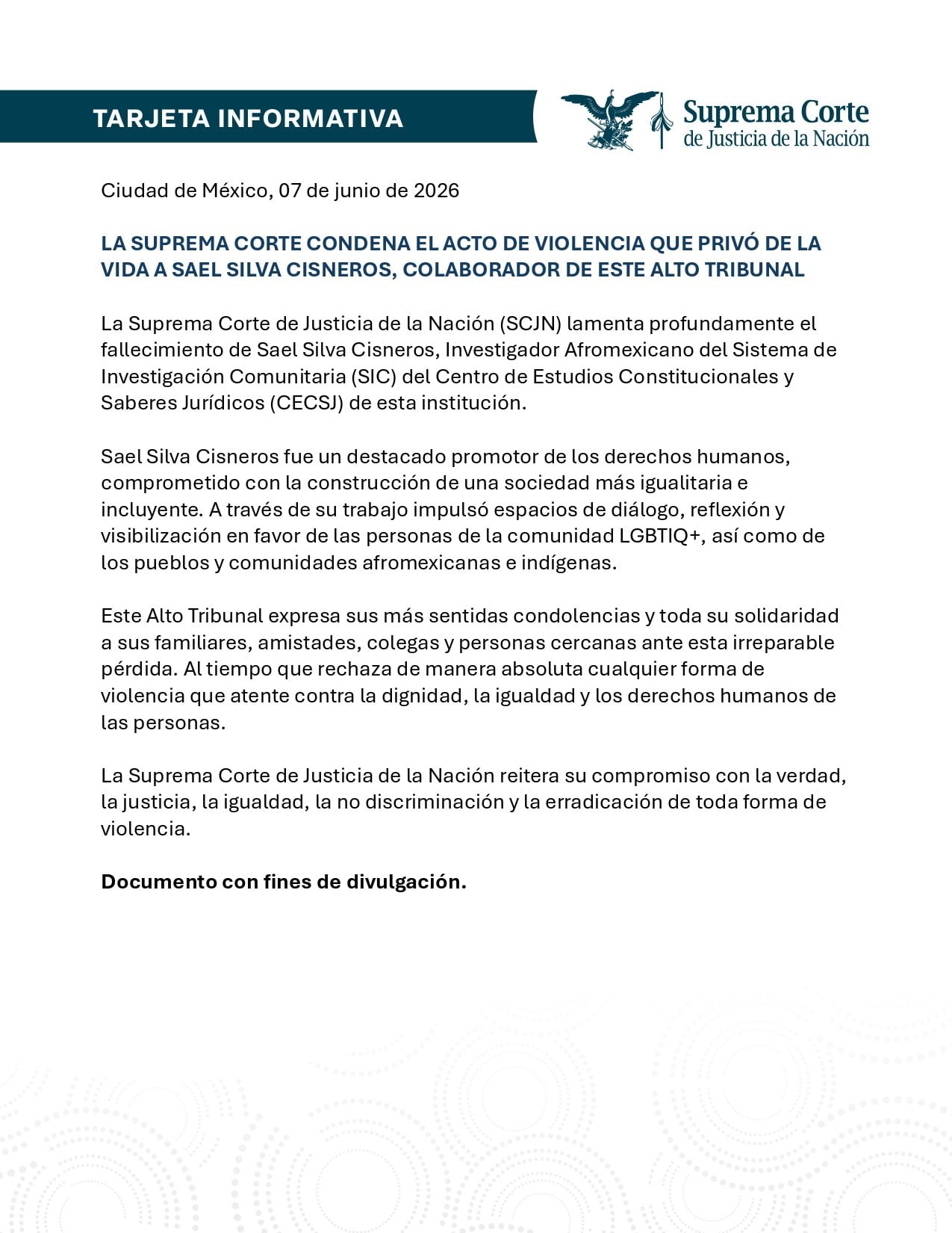 Comunicado de la SCJN sobre el asesinato del investigador Sael Silva.