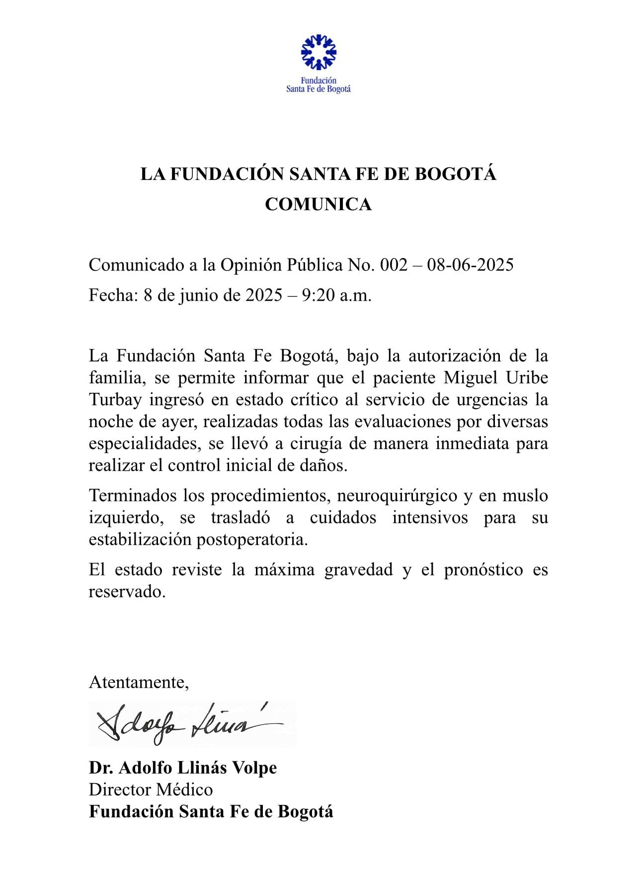 Comunicado estado de salud de Miguel Uribe Turbay