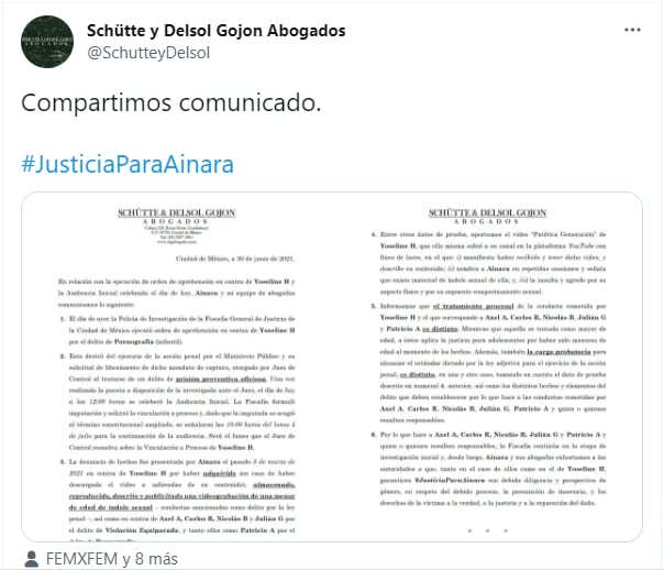 Tweet de abogados de Ainara sobre proceso legal de 'YosStop'.