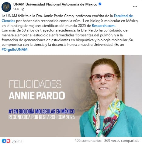 Annie Pardo Cemo, mamá de Claudia Sheinbaum, gana primer lugar como investigadora en biología molecular en México
