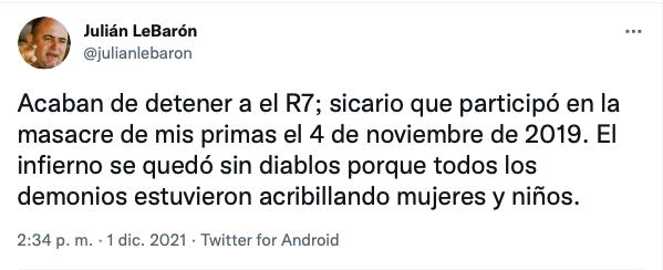Se confirma la detención del R7 involucrado en la masacre de Bavispe, Sonora/@julianlebaron