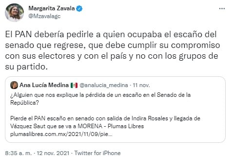 Tuit de Margarita Zavala