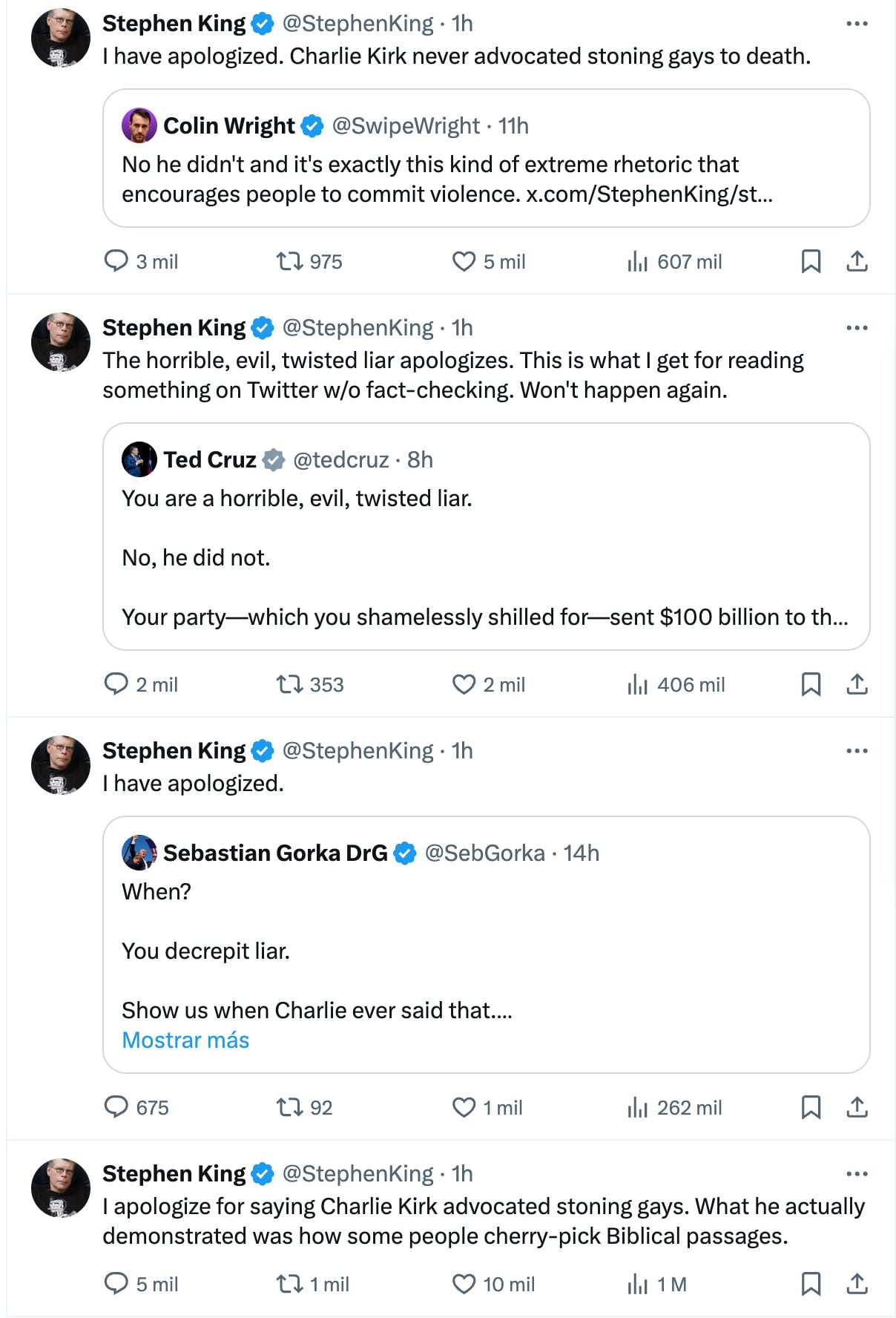 Stephen King habla de Charlie Kirk, y Elon Musk lo llama mentiroso
