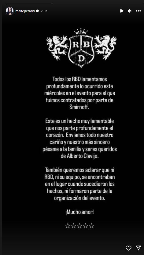 RBD lanza comunicado sobre la muerte de Alberto Clavijo.