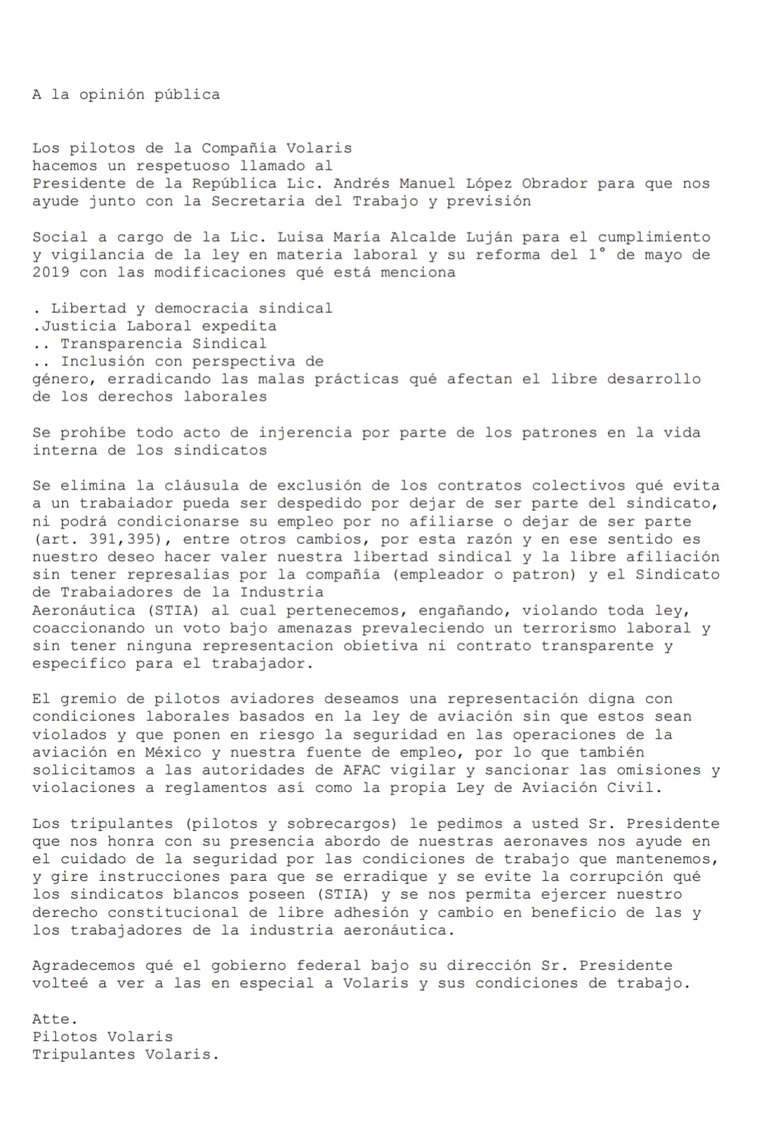 Comunicado de pilotos y tripulantes de la línea aérea Volaris
