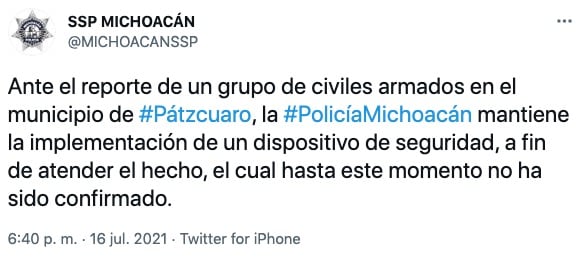 Tuit de la SSP de Michoacán