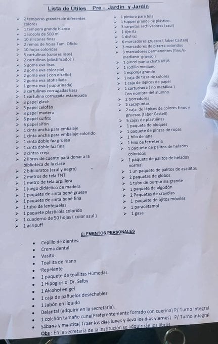 Lista de útiles de kínder que pedía desde pinturas hasta un colchón
