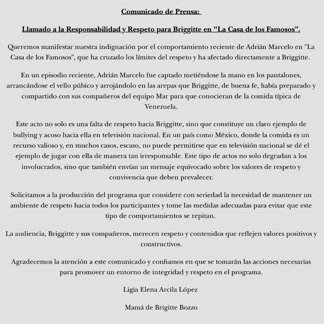 Mamá de Briggitte Bozzo lanza comunicado por acciones de Adrián Marcelo en La Casa de los Famosos 2024.