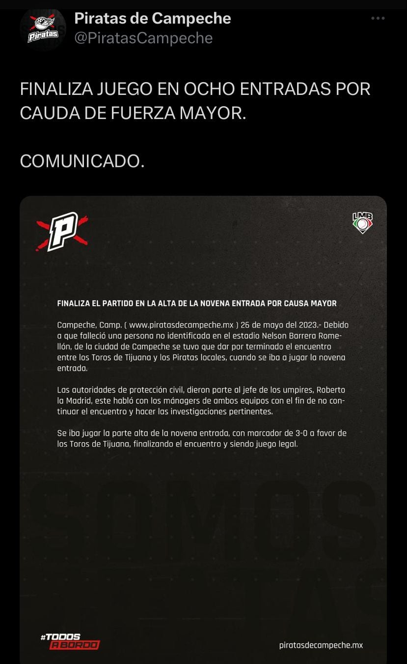 Los Piratas de Campeche se pronunciaron tras la muerte de un aficionado en su estadio.