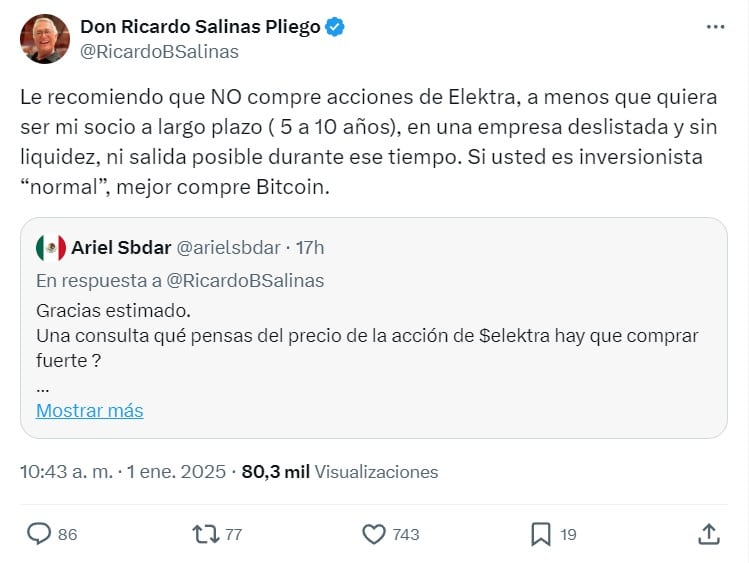 Ricardo Salinas Pliego recomienda no comprar acciones de Elektra