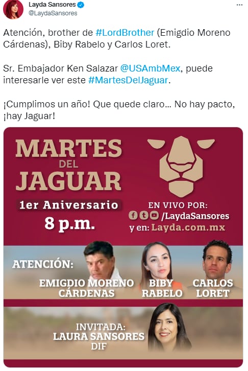 Layda Sansores pide atención a Martes del Jaguar por Emigdio Moreno Cárdenas, el hermano de Alejandro Moreno