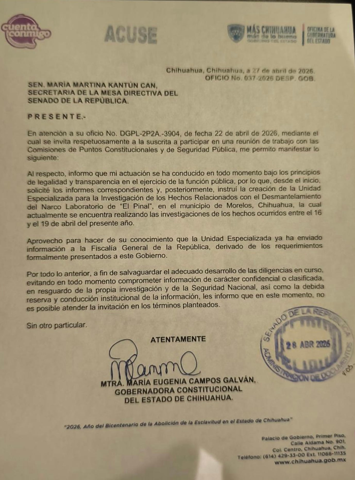 Maru Campos confirmó al Senado que no acudirá a comparecencia y dio sus motivos