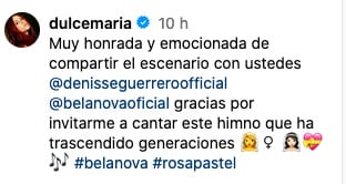 Dulce María agradece a Denisse Guerrero de Belanova la invitación para cantar Rosa Pastel.
