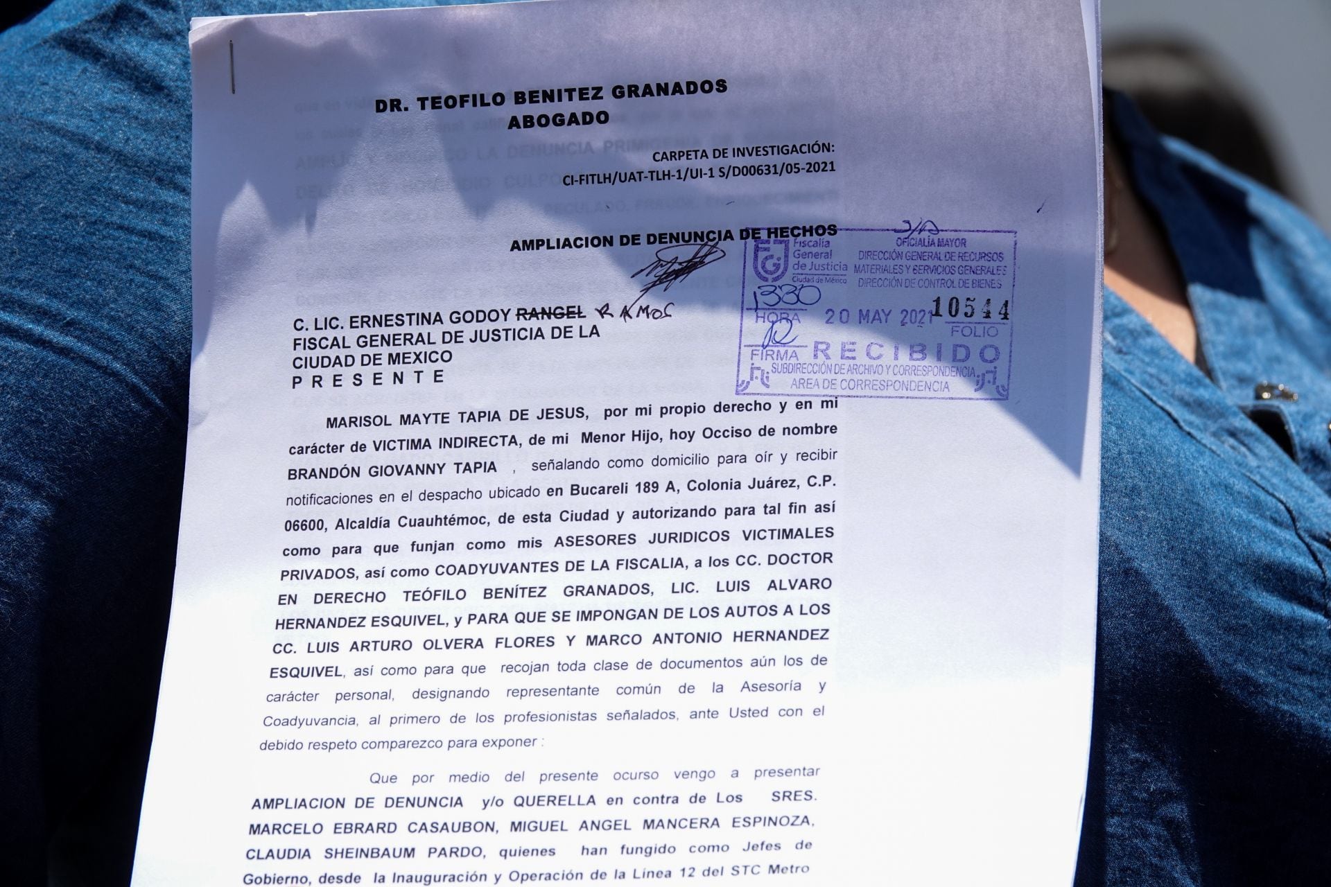 Denuncia presentada el 20 de mayo  por la mamá de Brandon Giovanny