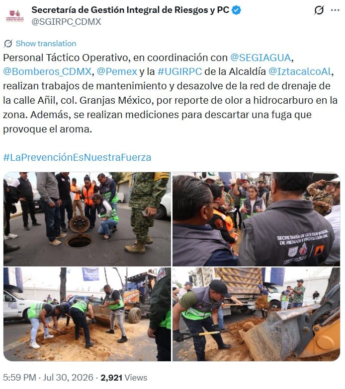 Pemex atiende reporte de olor a hidrocarburo en Iztacalco