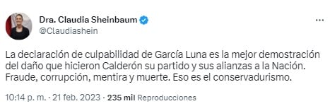 Tuit de Claudia Sheinbaum