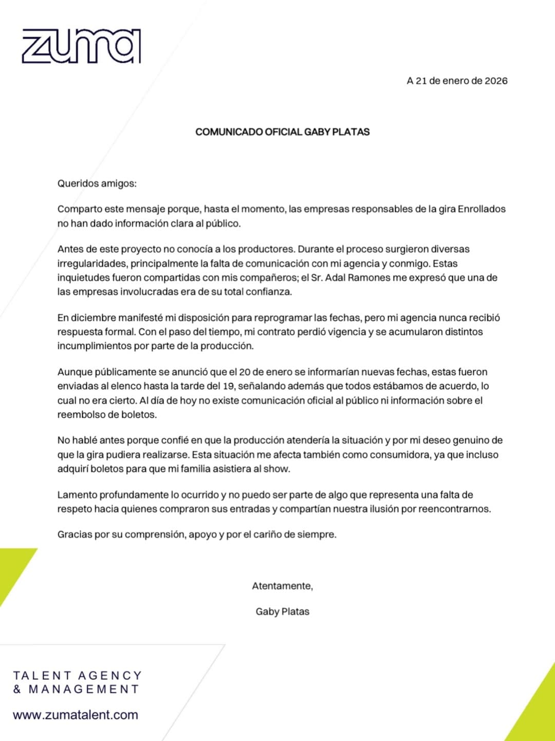 Comunicado de Gaby Platas sobre la cancelación de la gira Enrollados.