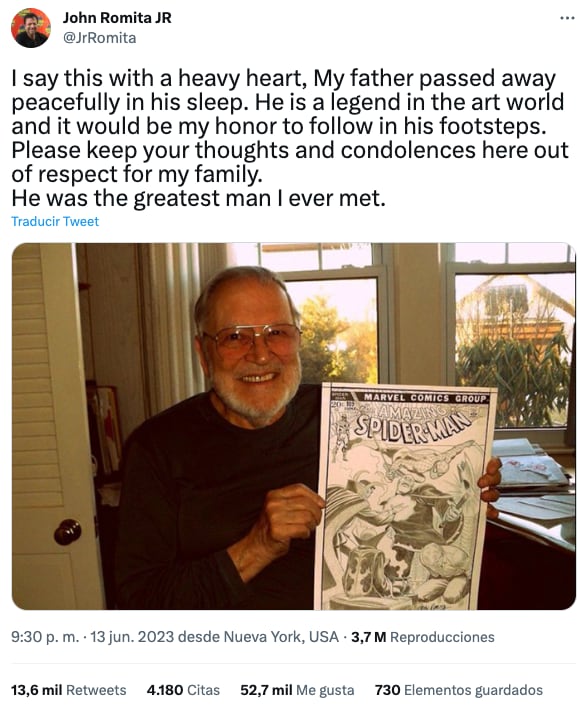 John Romita Jr. da a conocer la muerte de su padre, John Romita Sr. en Twitter