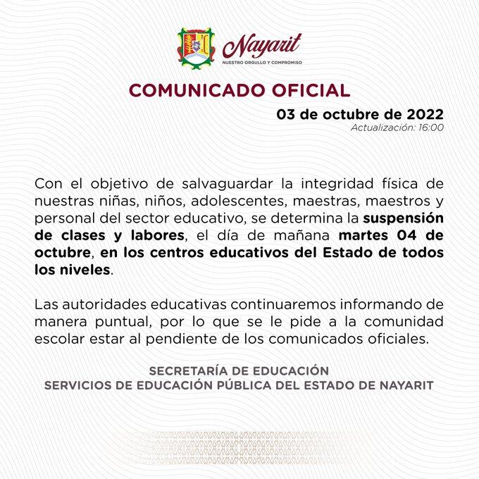 Por Orlene, mantendrán suspensión de clases y labores en Nayarit