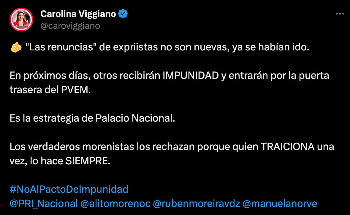 Carolina Viggiano critica a quienes dejan el PRI por el PVEM