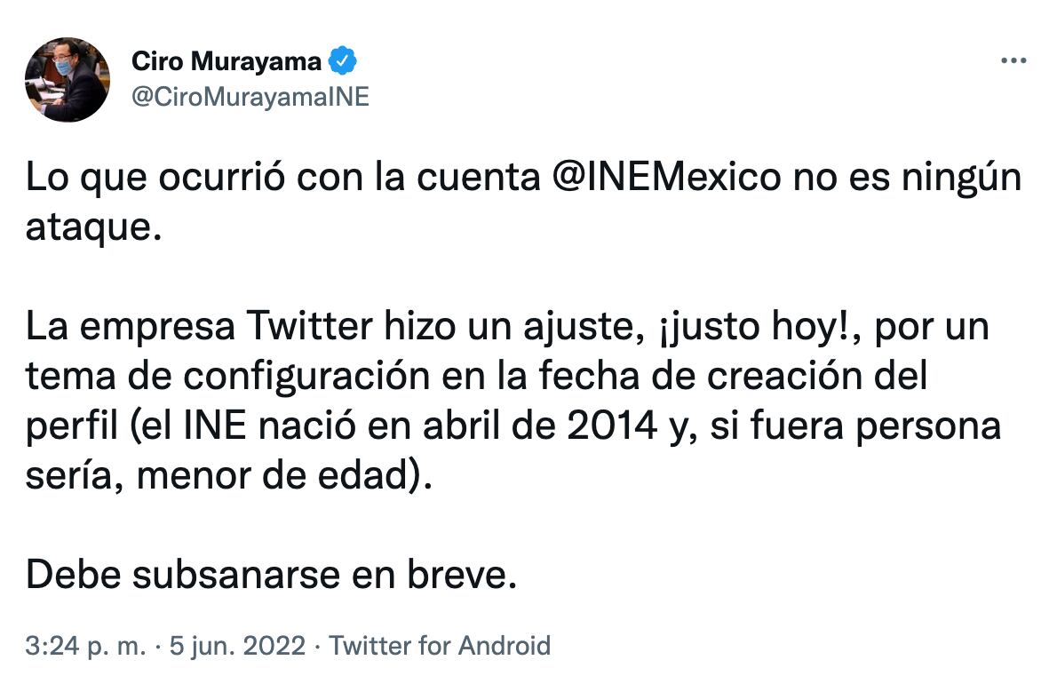 Ciro Murayama aclara lo que pasó en la cuenta del INE, durante elecciones 2022