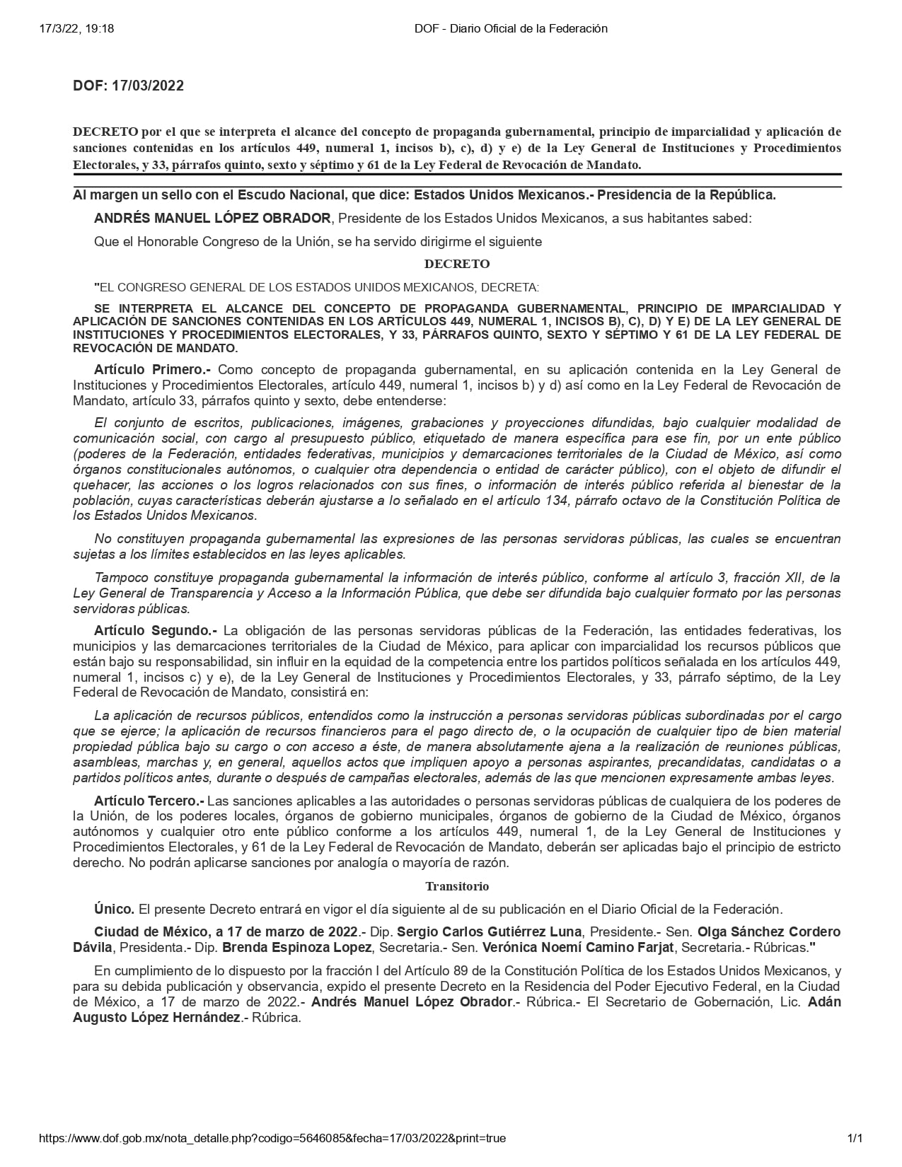 Decreto de Revocación de Mandato en el DOF