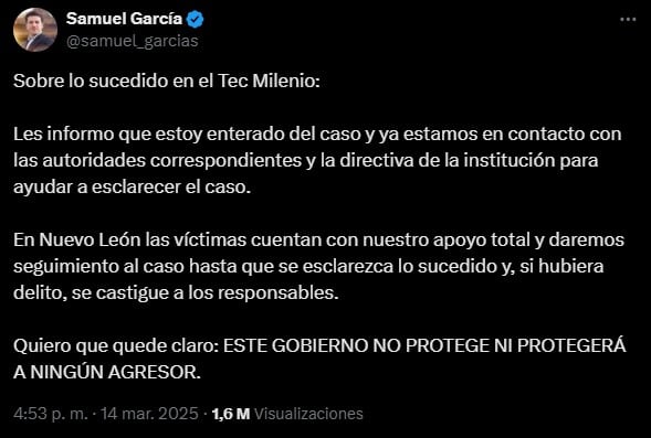 Samuel García sobre los hechos en TecMilenio de Monterrey.