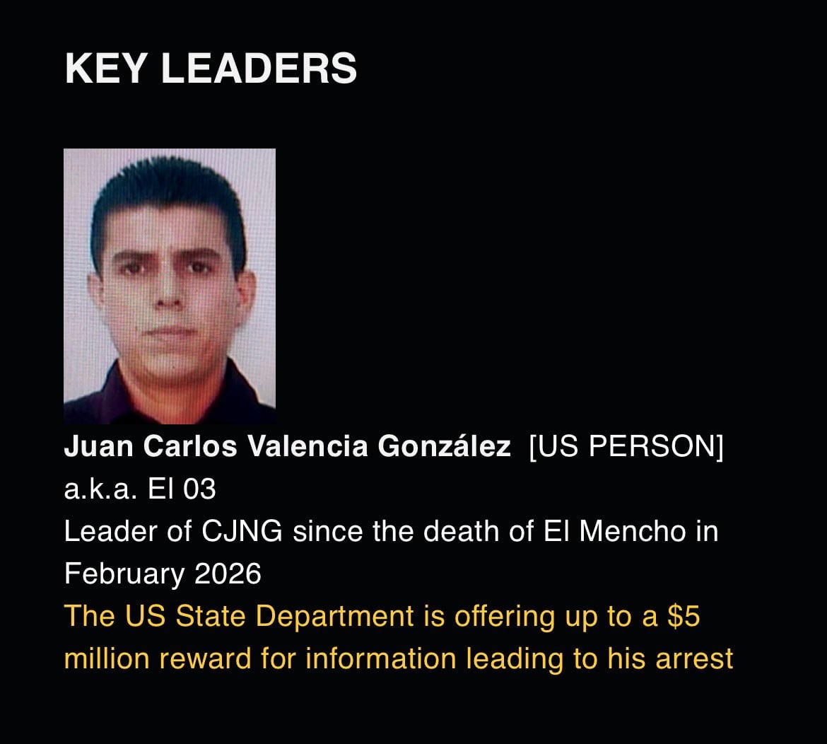 Estados Unidos revela que Juan Carlos Valencia González "El 03", es el nuevo líder del CJNG