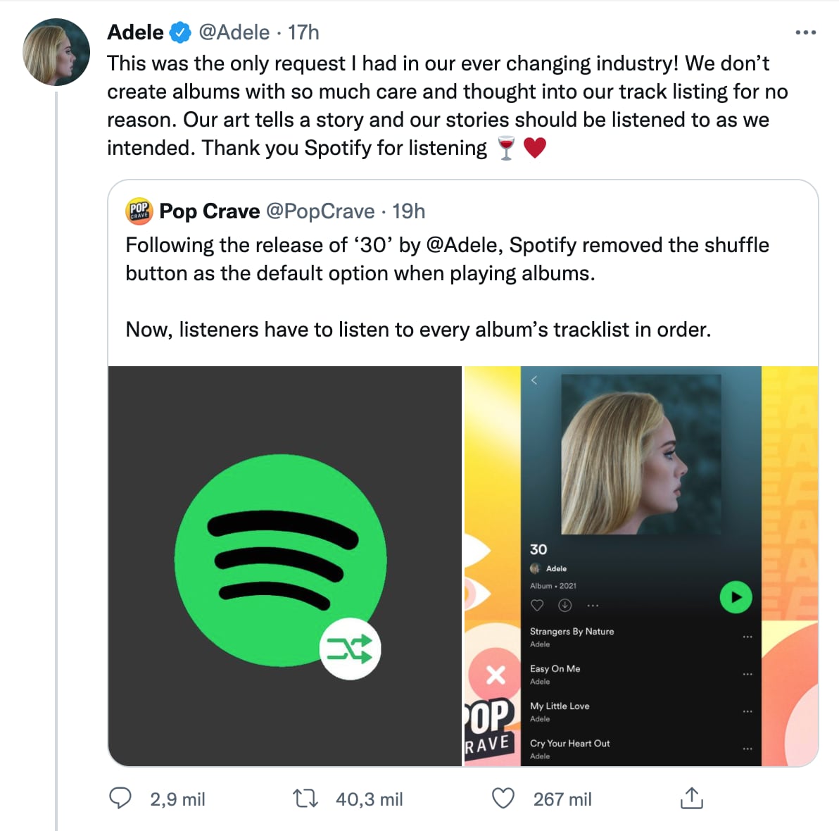 Adele pide quitar modo aleatorio a Spotify