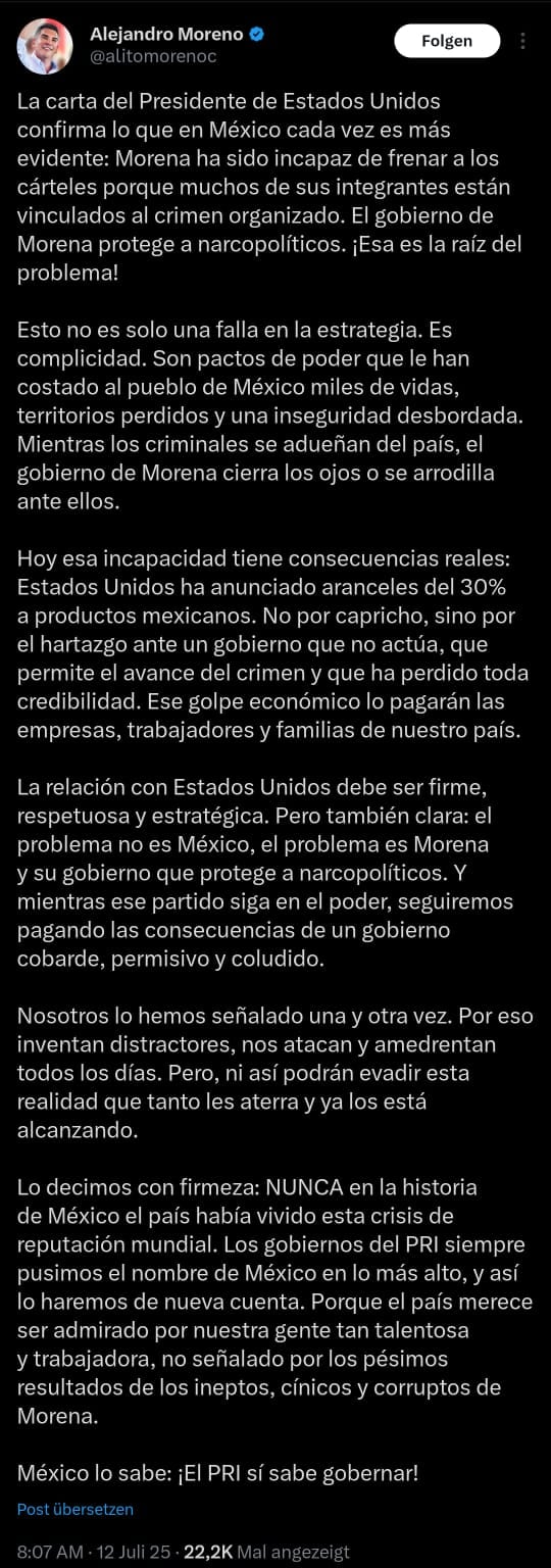Alito Moreno acusa que Morena protege a narcopolíticos.