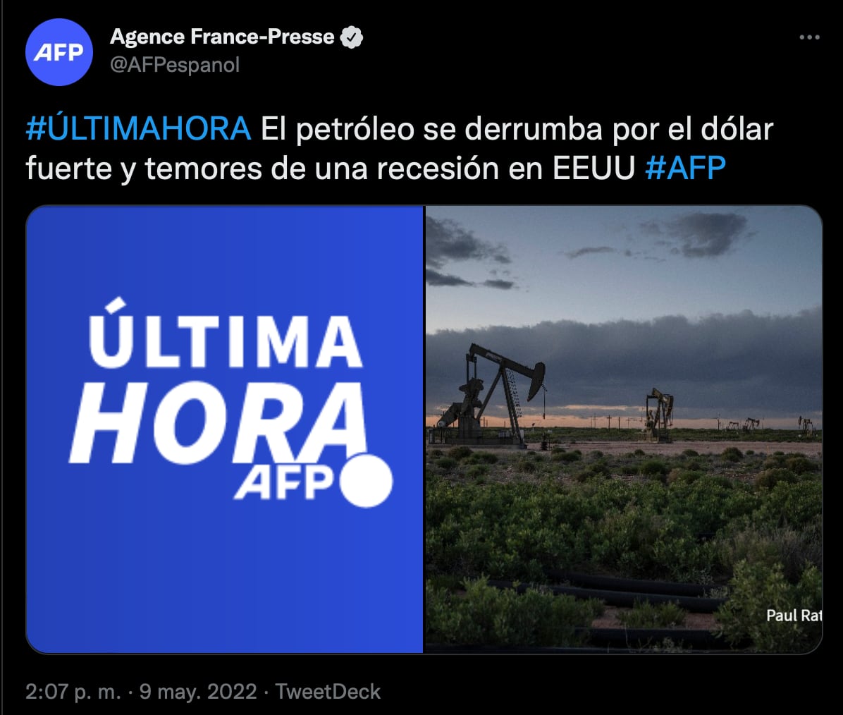 En Estados Unidos, petróleo se derrumba por fortalecimiento del dólar y temores de una recesión