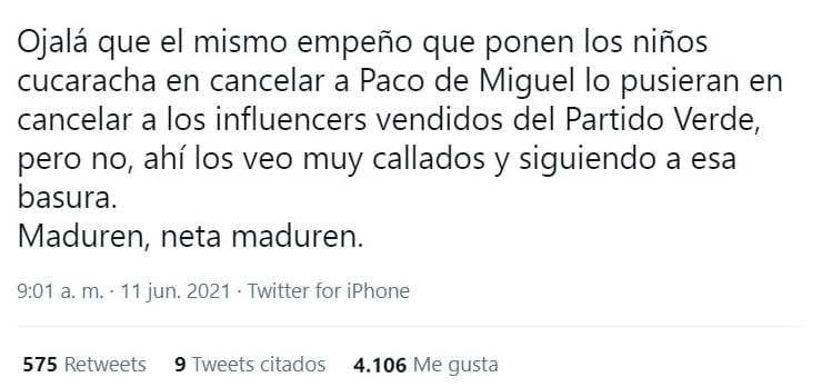 Respuesta de usuaria de Twitter ante la tendencia de Paco de Miguel
